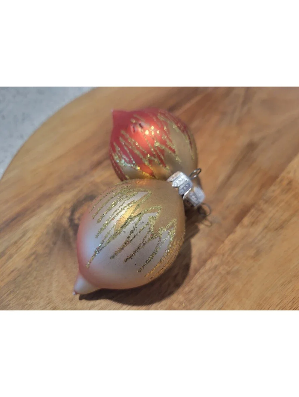 2 Vintage Teardrop Blown Glass Hand Painted Mica Glitter Christmas Ornaments 3